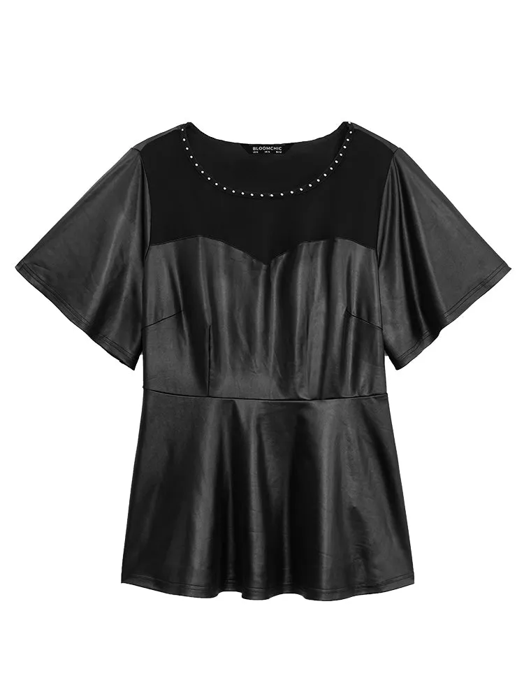 PU Leather Mesh Patchwork Pearl Beaded Blouse sold by Bloomchic product image thumbnail 5