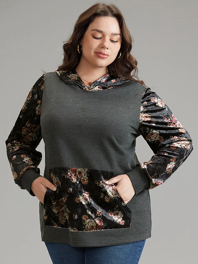 Velvet Patchwork Floral Print Kangaroo Pocket Sweatshirt sold by Bloomchic