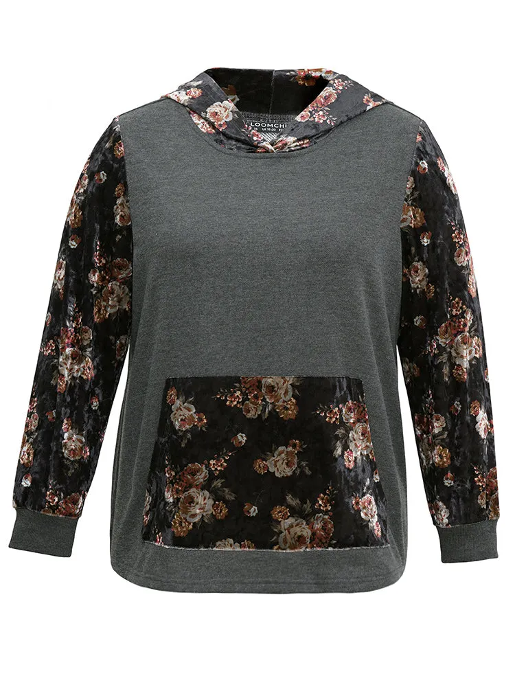 Velvet Patchwork Floral Print Kangaroo Pocket Sweatshirt sold by Bloomchic product image thumbnail 5