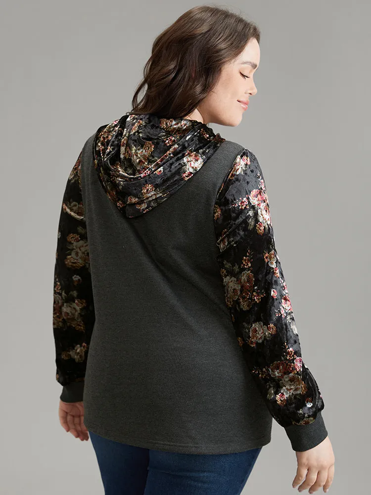 Velvet Patchwork Floral Print Kangaroo Pocket Sweatshirt sold by Bloomchic product image thumbnail 2