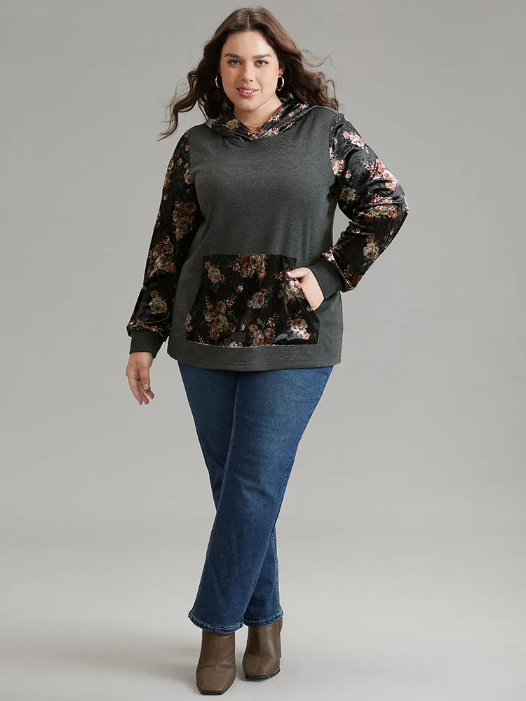 Velvet Patchwork Floral Print Kangaroo Pocket Sweatshirt sold by Bloomchic product image thumbnail 3