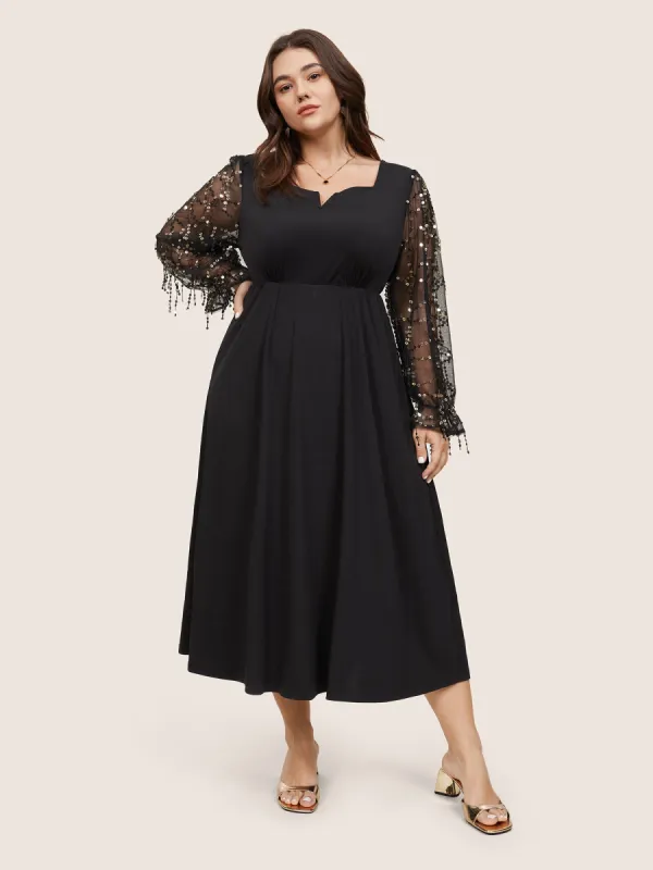 Notched Mesh Gathered Sequin Tassel Trim Dress sold by Bloomchic