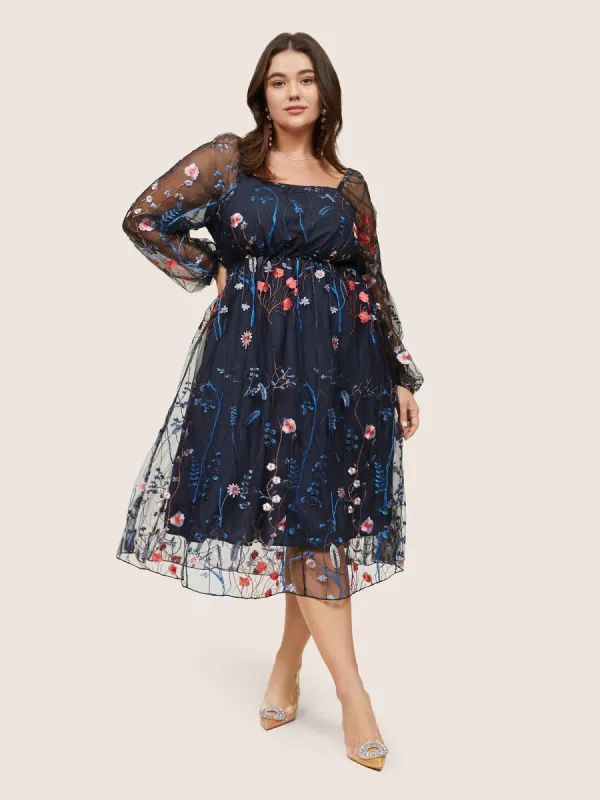 Square Neck Embroidered Lace Mesh Lantern Sleeve Dress sold by Bloomchic