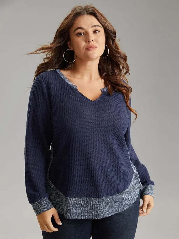 Waffle Knit Two Tone Notched Patchwork T-shirt sold by Bloomchic