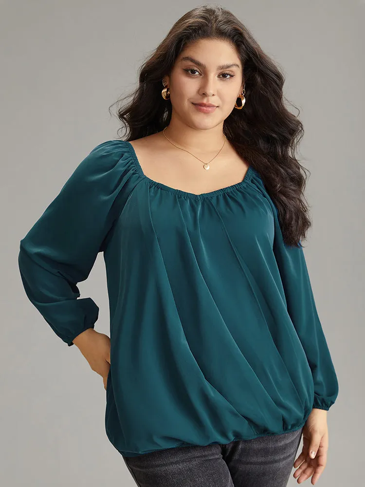 Static-Free Solid Lantern Sleeve Plicated Detail Blouse sold by Bloomchic
