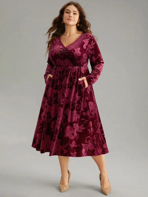 Velvet Jacquard Elastic Waist Ruched Dress sold by Bloomchic