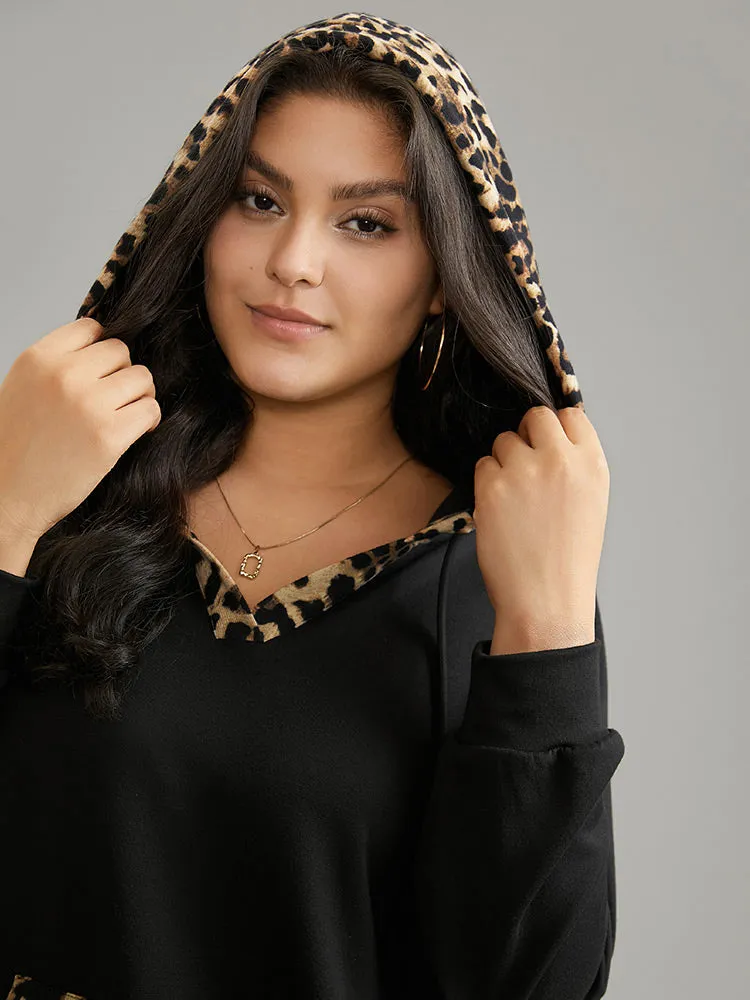 Leopard Patchwork Kangaroo Pocket Hooded Sweatshirt sold by Bloomchic product image thumbnail 4