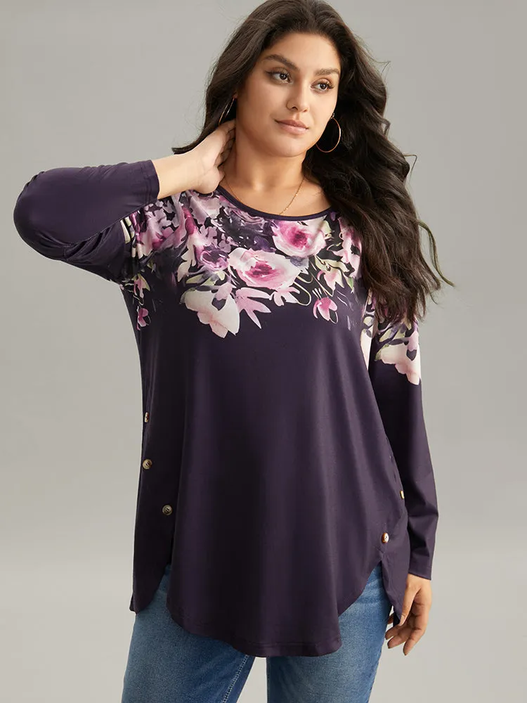 Floral Print Button Detail Arc Hem T-shirt sold by Bloomchic