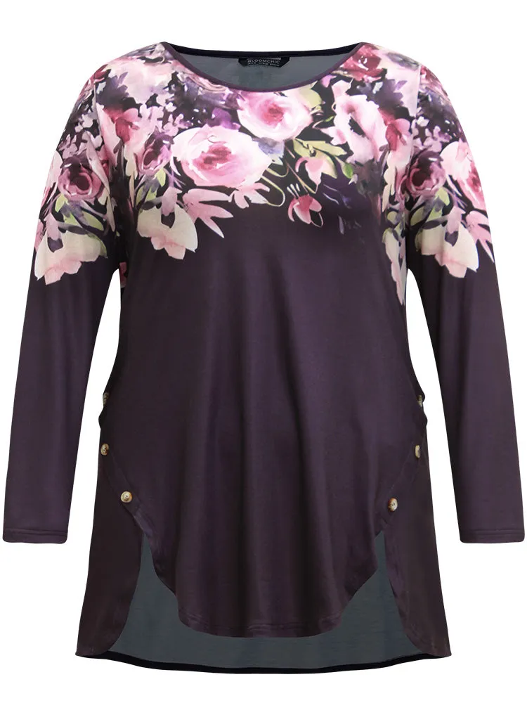 Floral Print Button Detail Arc Hem T-shirt sold by Bloomchic product image thumbnail 5