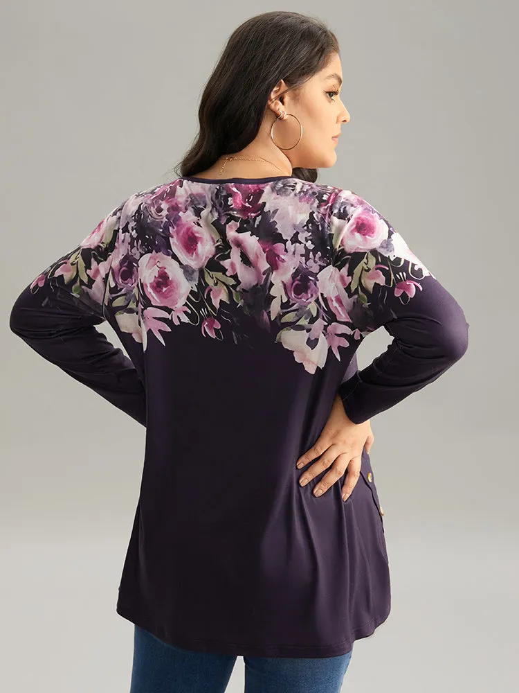 Floral Print Button Detail Arc Hem T-shirt sold by Bloomchic product image thumbnail 2
