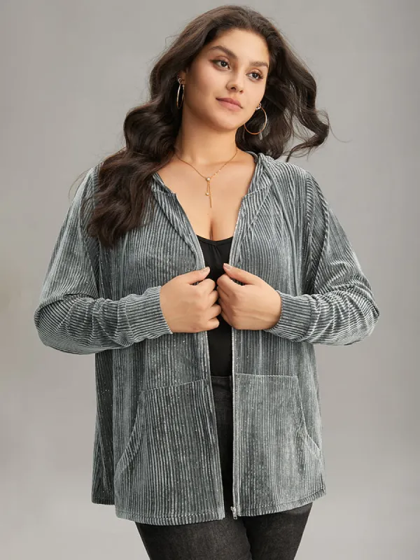Glitter Zipper Pocket Hooded Corduroy Sweatshirt sold by Bloomchic