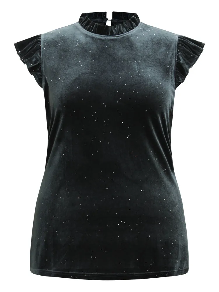 Velvet Frill Trim Ruffle Cap Sleeve Tank Top sold by Bloomchic product image thumbnail 5