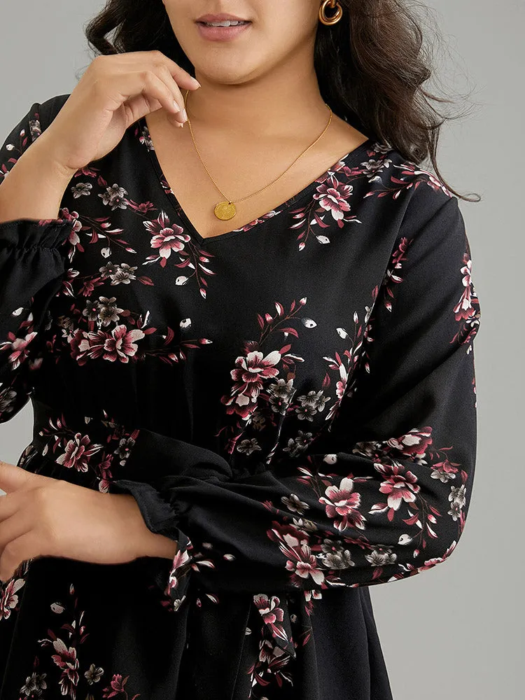 Floral Elastic Waist Ruffles Ties Lantern Sleeve Blouse sold by Bloomchic product image thumbnail 3