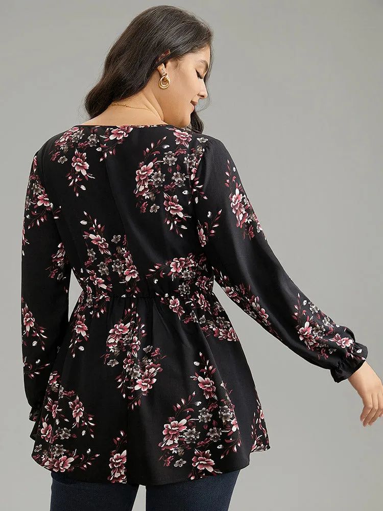 Floral Elastic Waist Ruffles Ties Lantern Sleeve Blouse sold by Bloomchic product image thumbnail 4