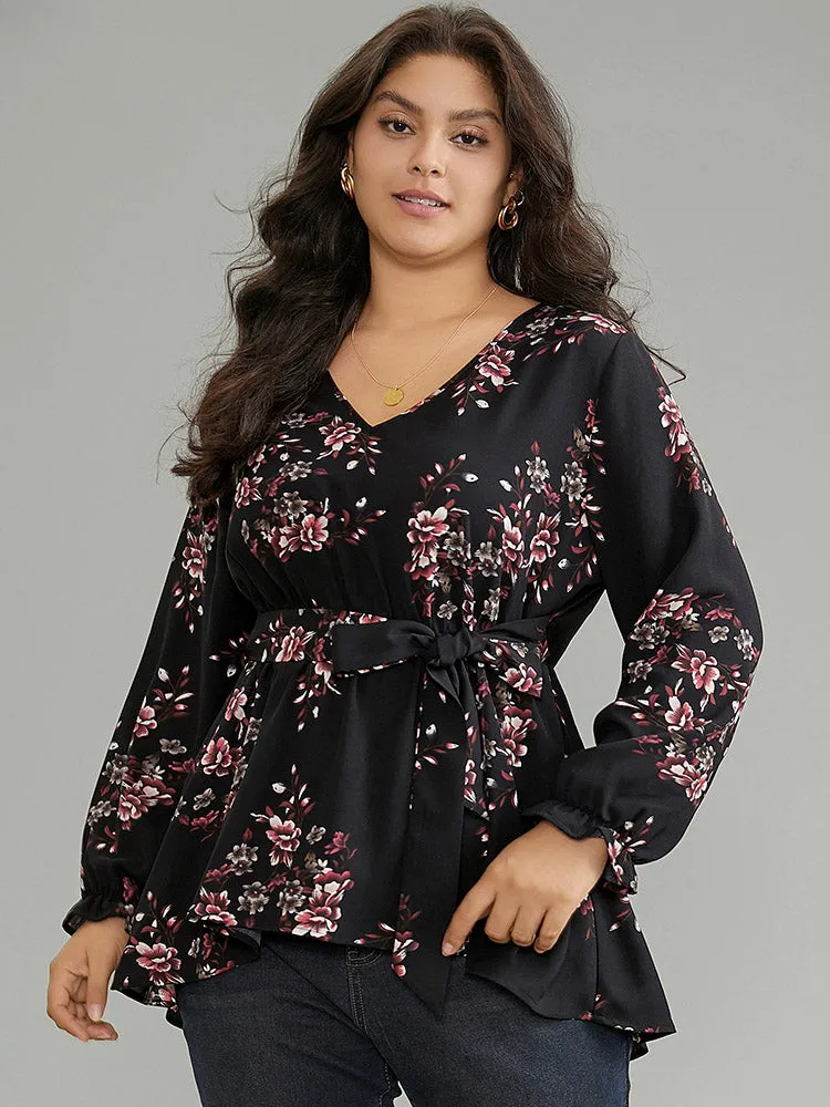 Floral Elastic Waist Ruffles Ties Lantern Sleeve Blouse sold by Bloomchic