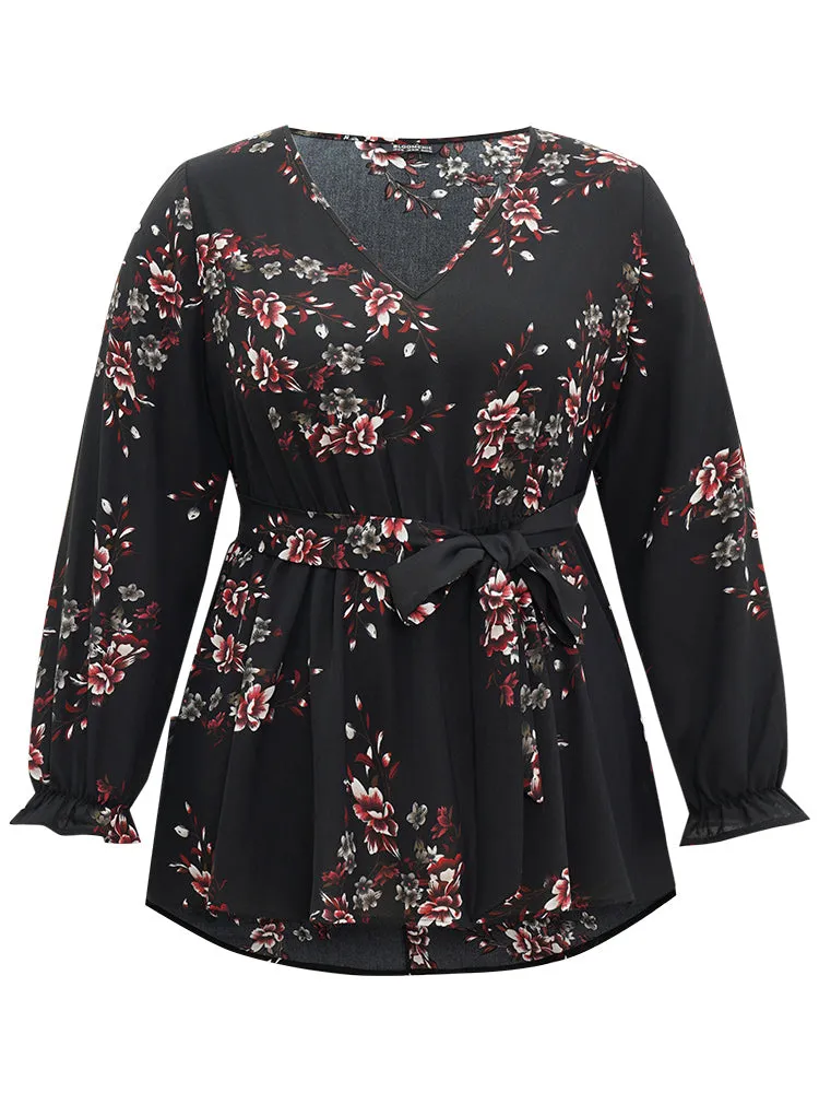 Floral Elastic Waist Ruffles Ties Lantern Sleeve Blouse sold by Bloomchic product image thumbnail 5