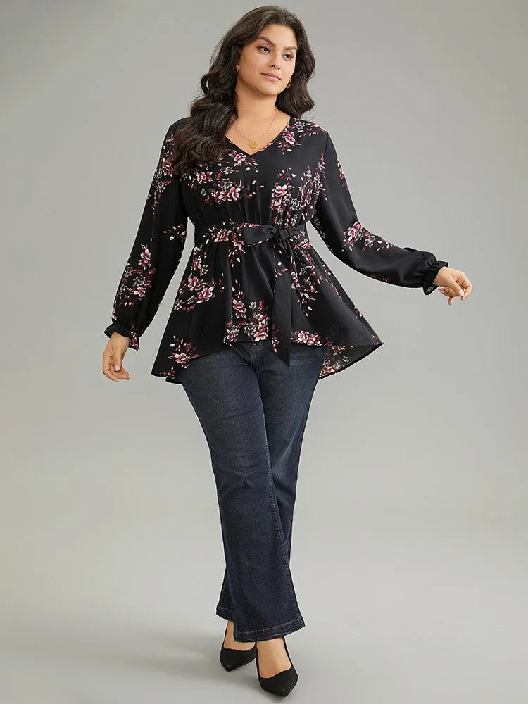 Floral Elastic Waist Ruffles Ties Lantern Sleeve Blouse sold by Bloomchic product image thumbnail 2