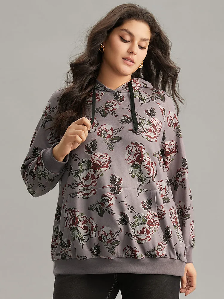 Floral Drawstring Hooded Kangaroo Pocket Sweatshirt sold by Bloomchic product image thumbnail 2