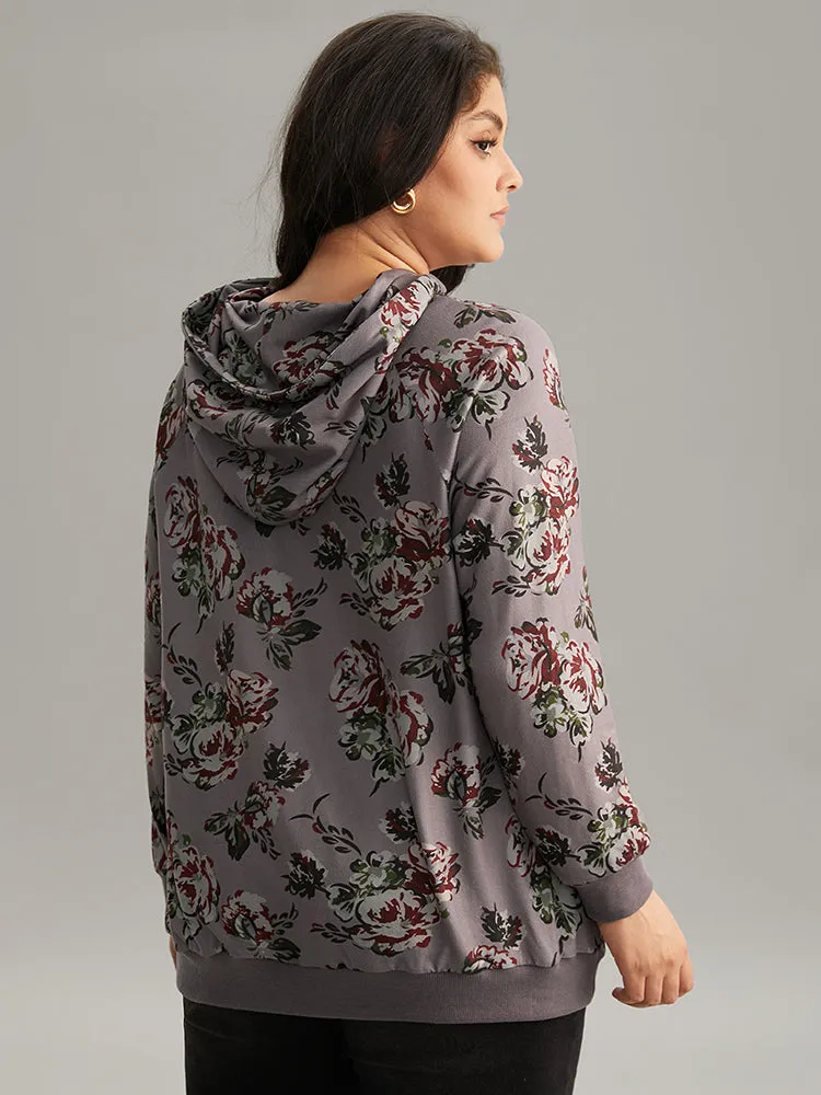 Floral Drawstring Hooded Kangaroo Pocket Sweatshirt sold by Bloomchic product image thumbnail 3