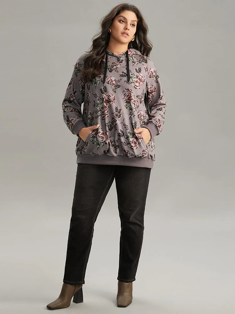 Floral Drawstring Hooded Kangaroo Pocket Sweatshirt sold by Bloomchic product image thumbnail 4