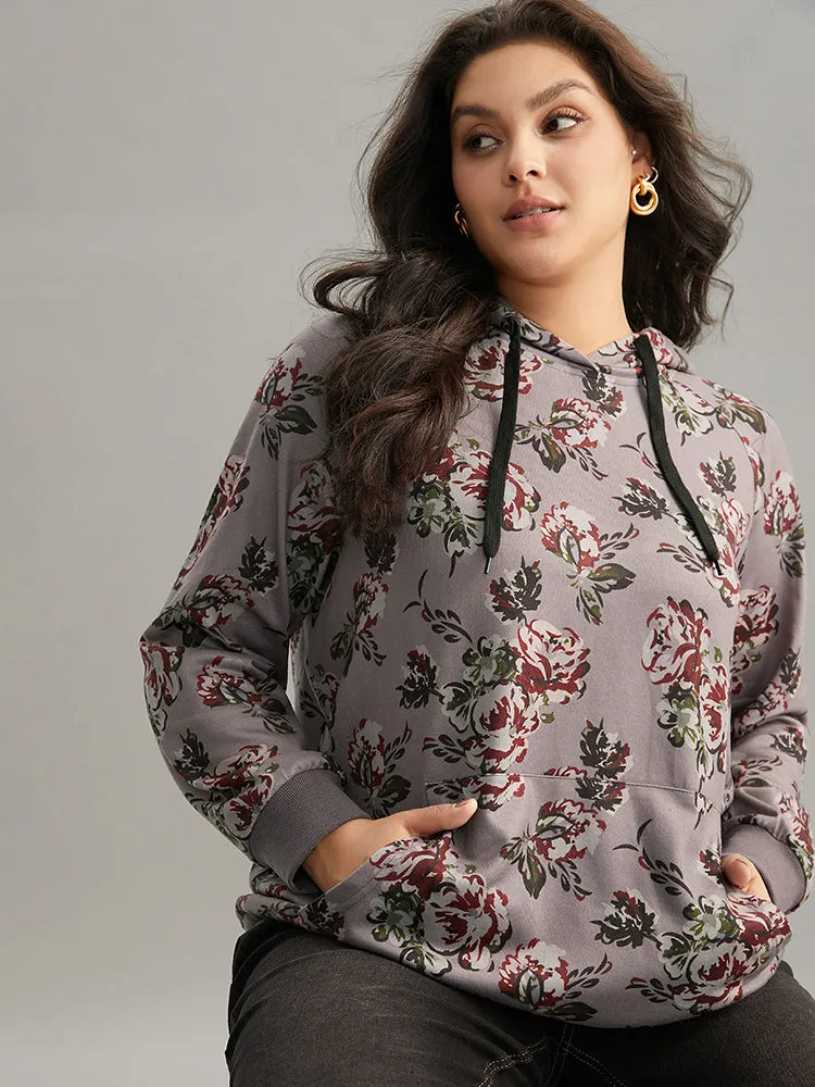 Floral Drawstring Hooded Kangaroo Pocket Sweatshirt sold by Bloomchic