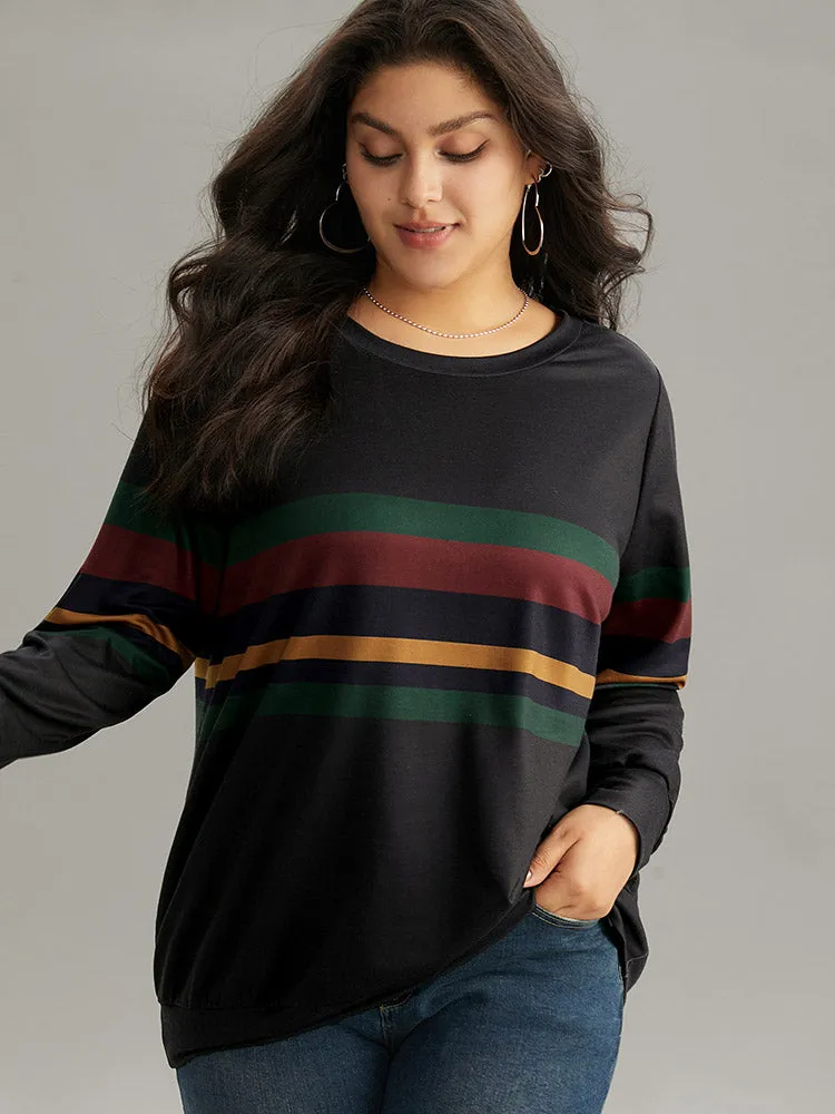 Contrast Striped Basic Crew Neck Sweatshirt sold by Bloomchic