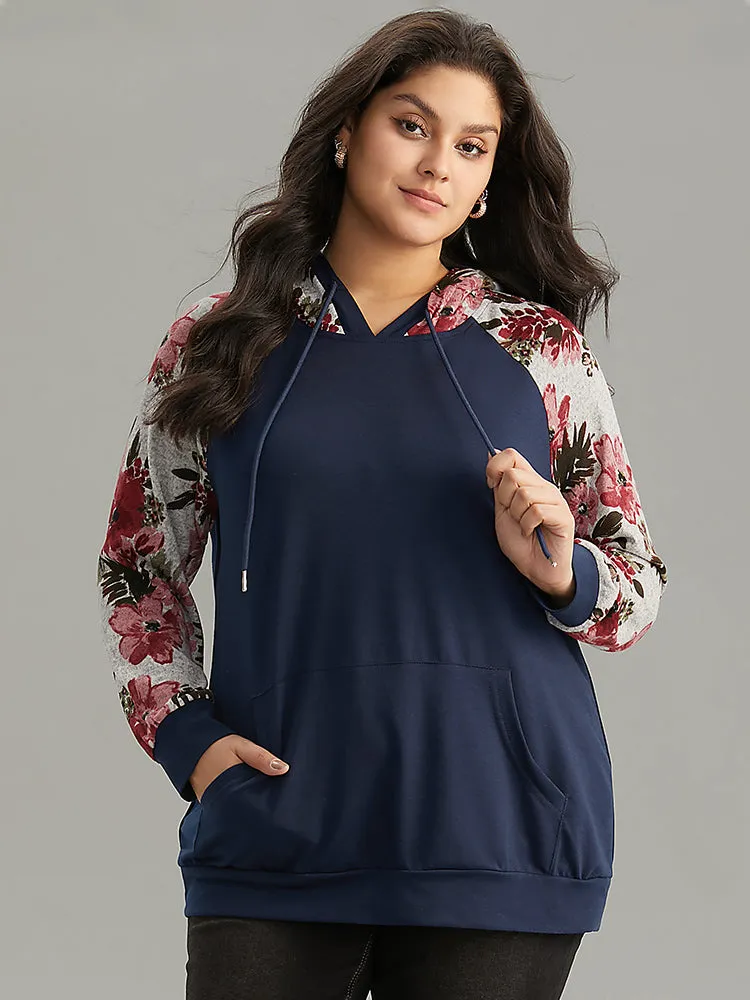 Floral Patchwork Raglan Sleeve Kangaroo Pocket Sweatshirt sold by Bloomchic