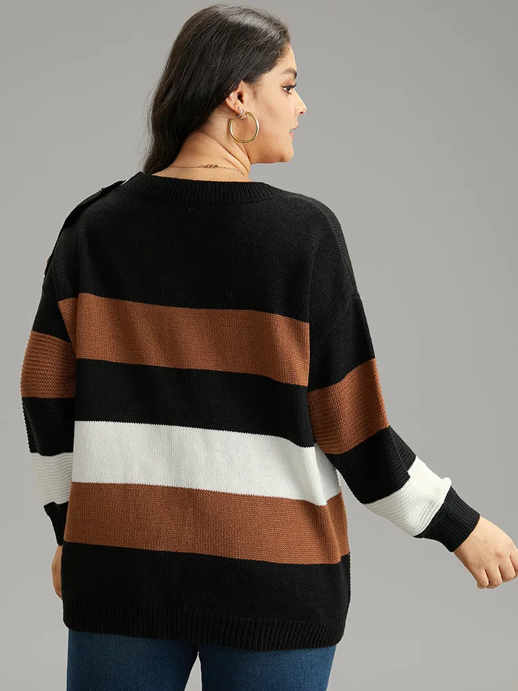 Colorblock Contrast Button Detail Crew Neck Pullover sold by Bloomchic product image thumbnail 2