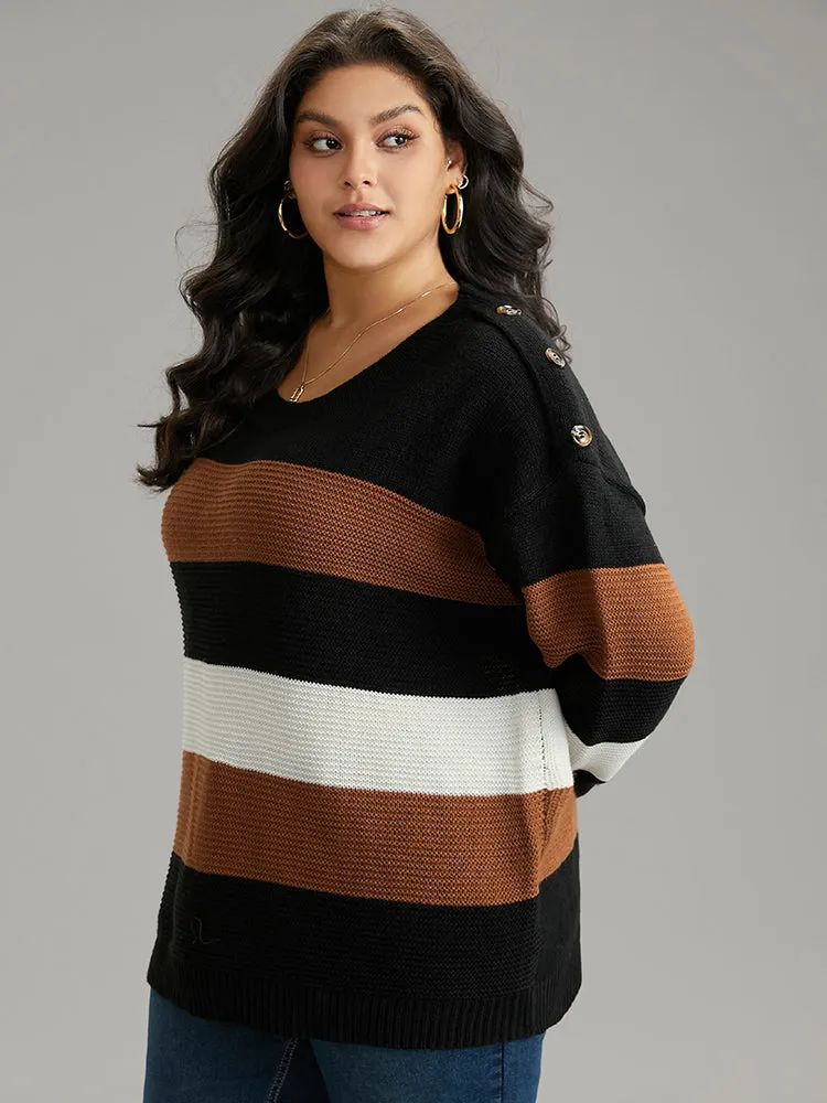 Colorblock Contrast Button Detail Crew Neck Pullover sold by Bloomchic