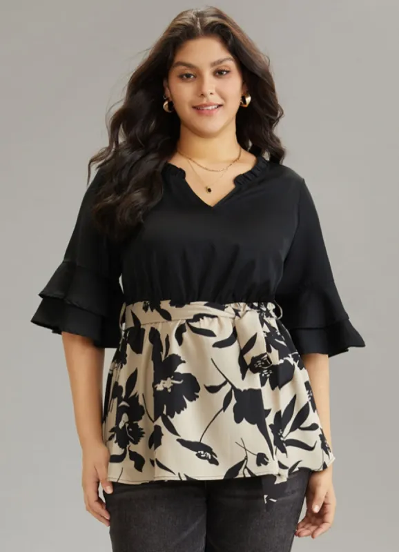 Silhouette Floral Print Belted Tiered Ruffles Blouse sold by Bloomchic