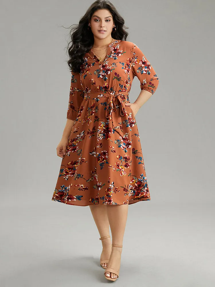 Floral Notched Belted Elastic Waist Dress sold by Bloomchic