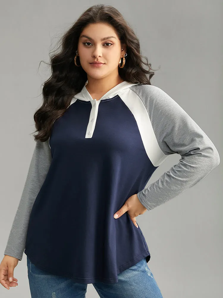 Patchwork Contrast Button Up Hooded Sweatshirt sold by Bloomchic