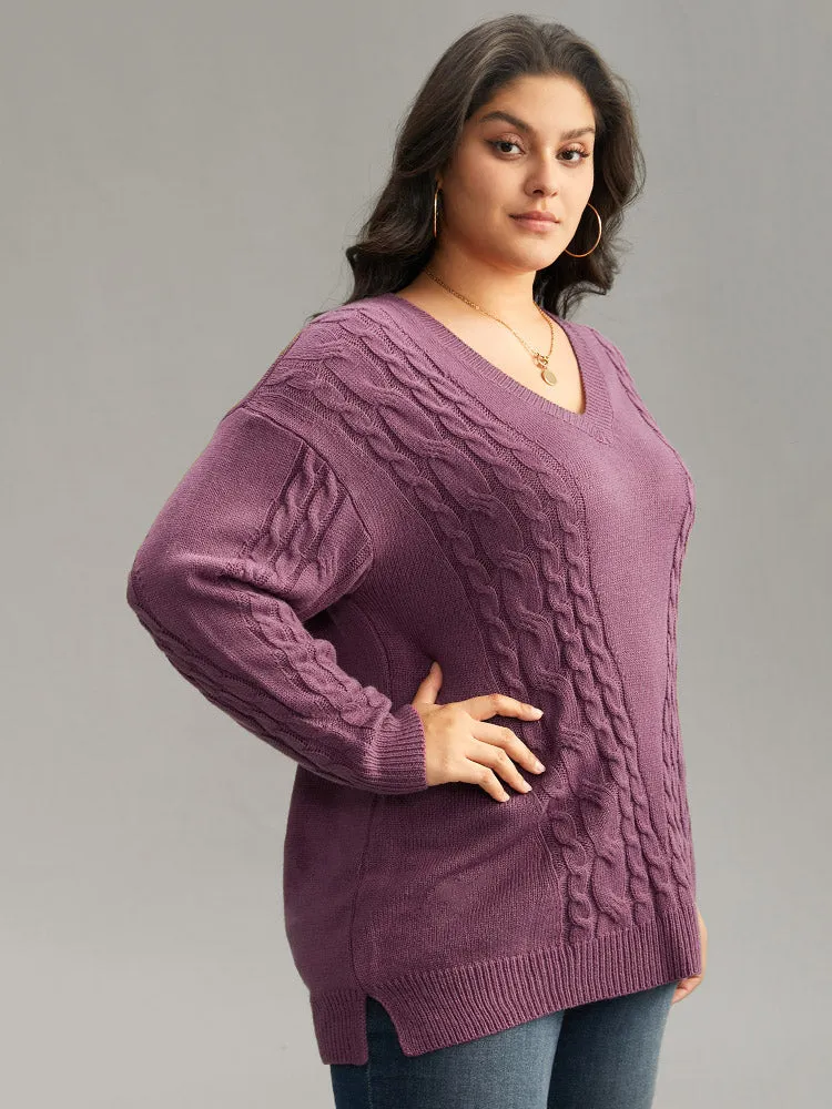 Solid Cable Knit V Neck Split Side Pullover sold by Bloomchic product image thumbnail 3