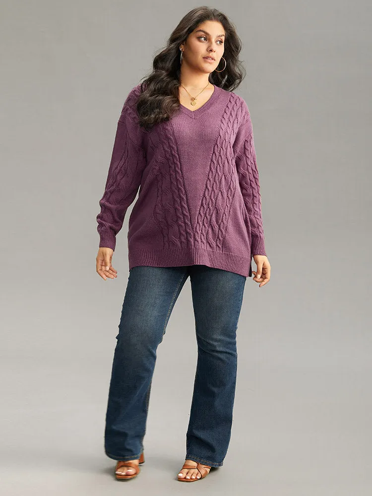 Solid Cable Knit V Neck Split Side Pullover sold by Bloomchic product image thumbnail 4
