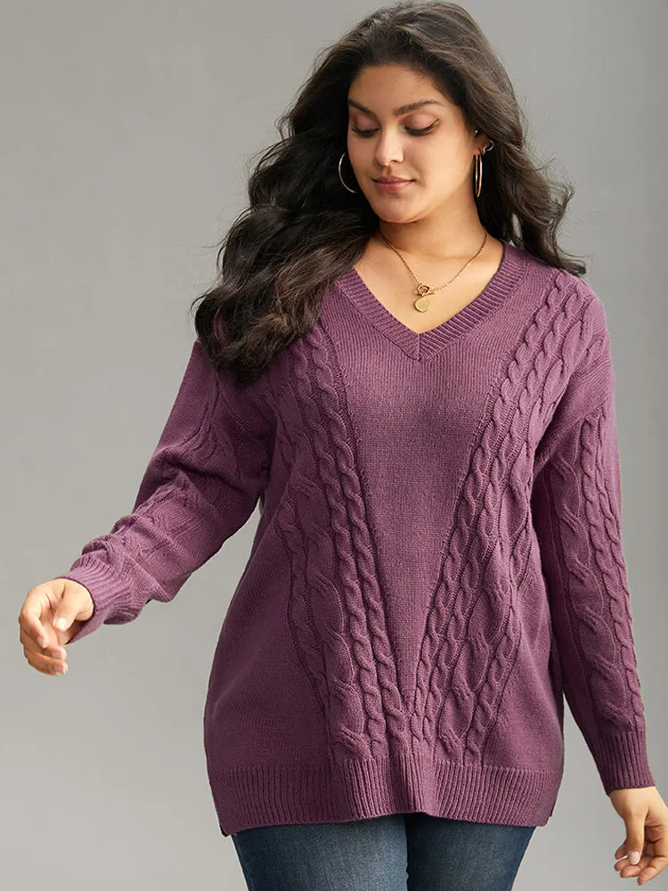 Solid Cable Knit V Neck Split Side Pullover sold by Bloomchic