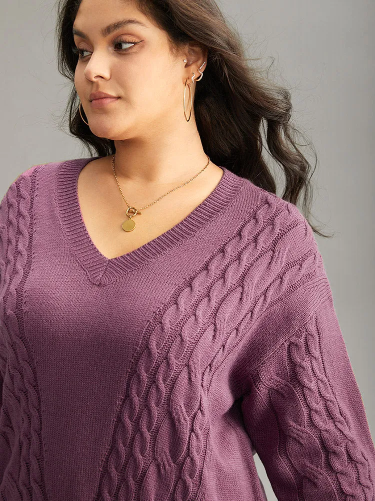Solid Cable Knit V Neck Split Side Pullover sold by Bloomchic product image thumbnail 5