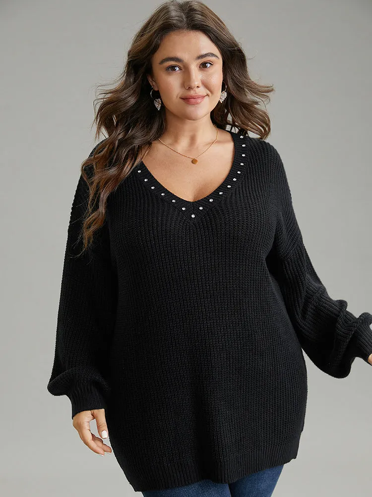 Rhinestone V Neck Drop Shoulder Pullover sold by Bloomchic product image thumbnail 3