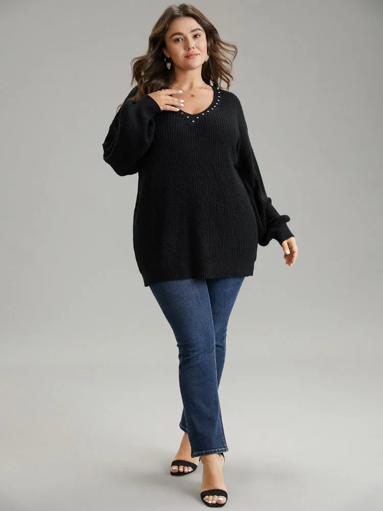 Rhinestone V Neck Drop Shoulder Pullover sold by Bloomchic product image thumbnail 4