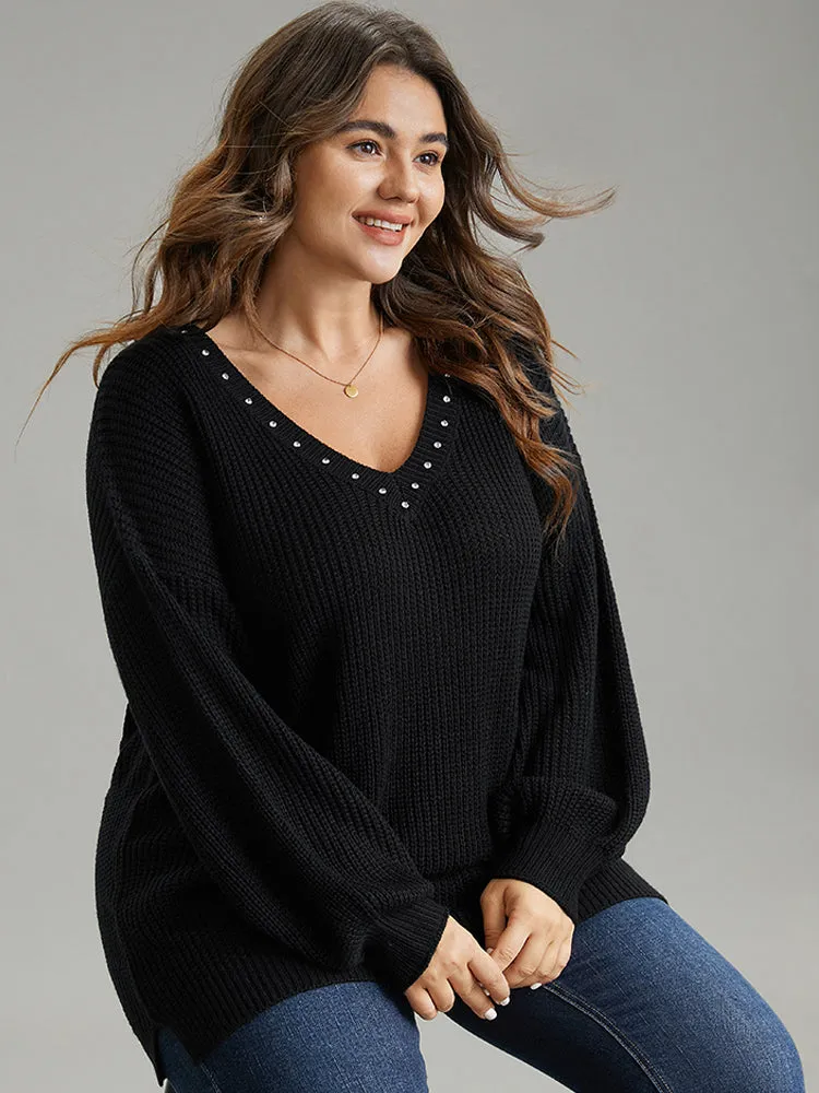 Rhinestone V Neck Drop Shoulder Pullover sold by Bloomchic
