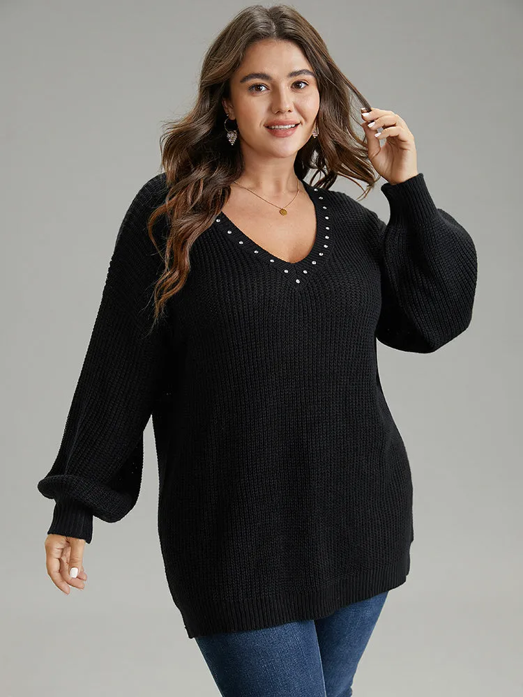 Rhinestone V Neck Drop Shoulder Pullover sold by Bloomchic product image thumbnail 5