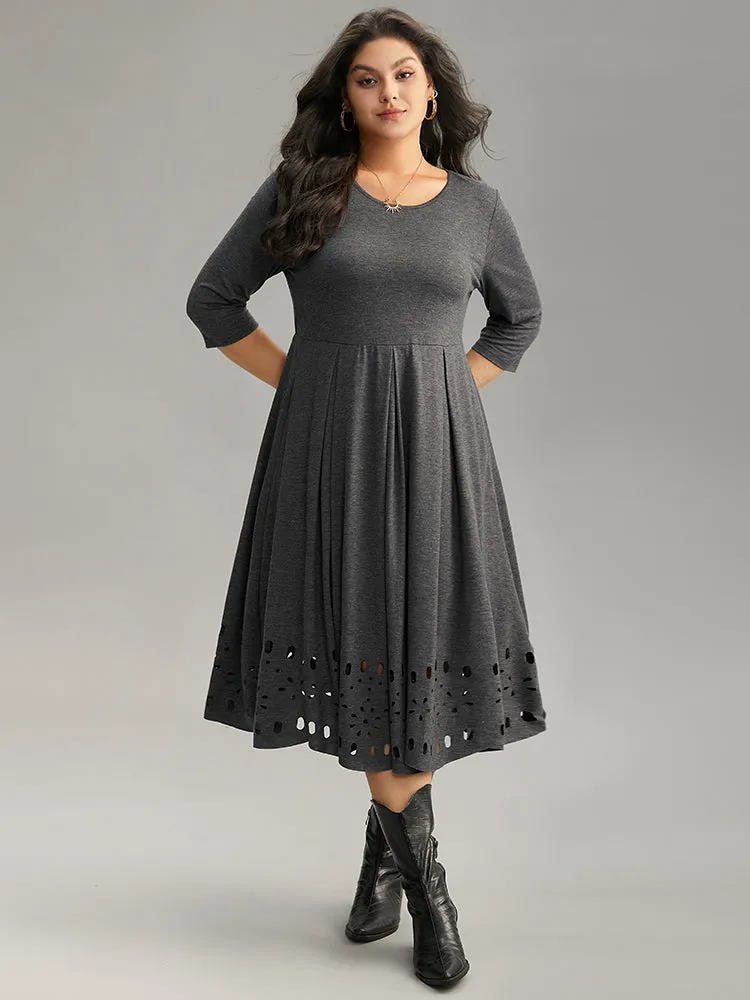 Plain Elastic Waist Laser Cut Crew Neck Dress sold by Bloomchic product image thumbnail 4