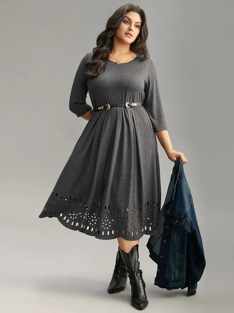 Plain Elastic Waist Laser Cut Crew Neck Dress sold by Bloomchic