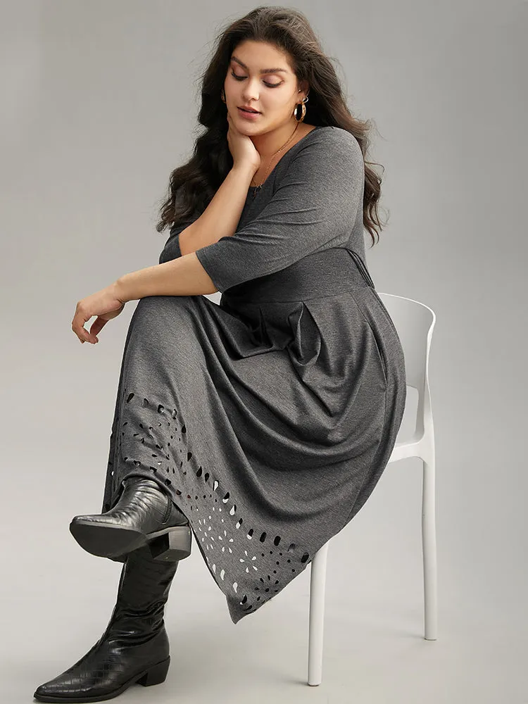 Plain Elastic Waist Laser Cut Crew Neck Dress sold by Bloomchic product image thumbnail 5