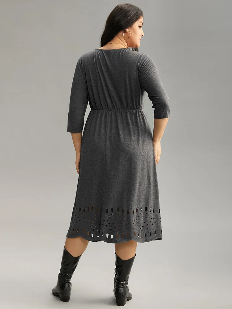 Plain Elastic Waist Laser Cut Crew Neck Dress sold by Bloomchic product image thumbnail 2