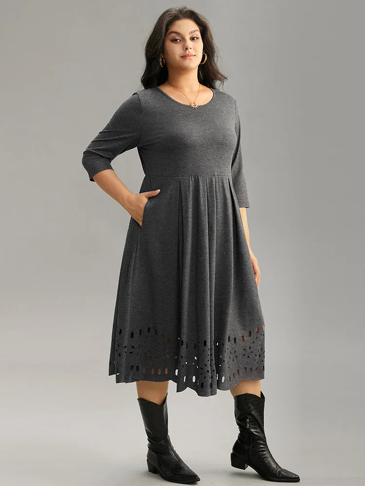 Plain Elastic Waist Laser Cut Crew Neck Dress sold by Bloomchic product image thumbnail 3