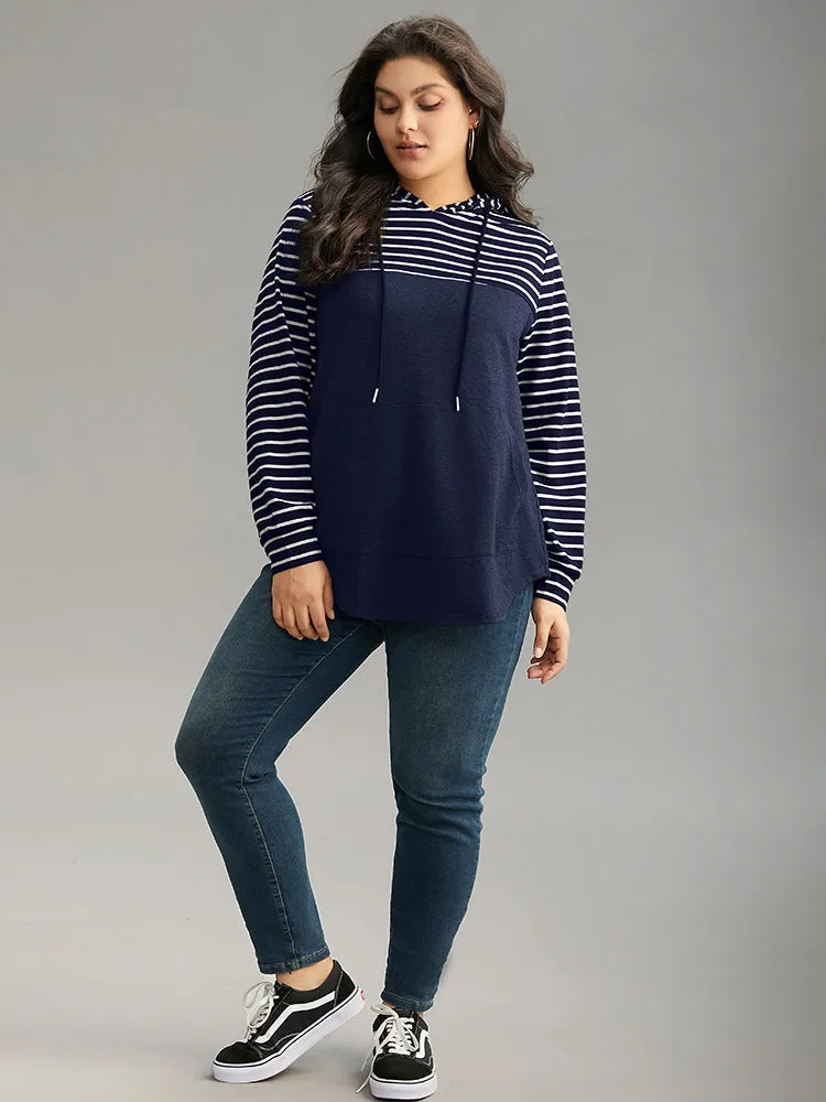 Striped Patchwork Hooded Pocket Drawstring Sweatshirt sold by Bloomchic product image thumbnail 4