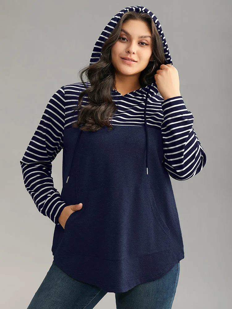 Striped Patchwork Hooded Pocket Drawstring Sweatshirt sold by Bloomchic product image thumbnail 3
