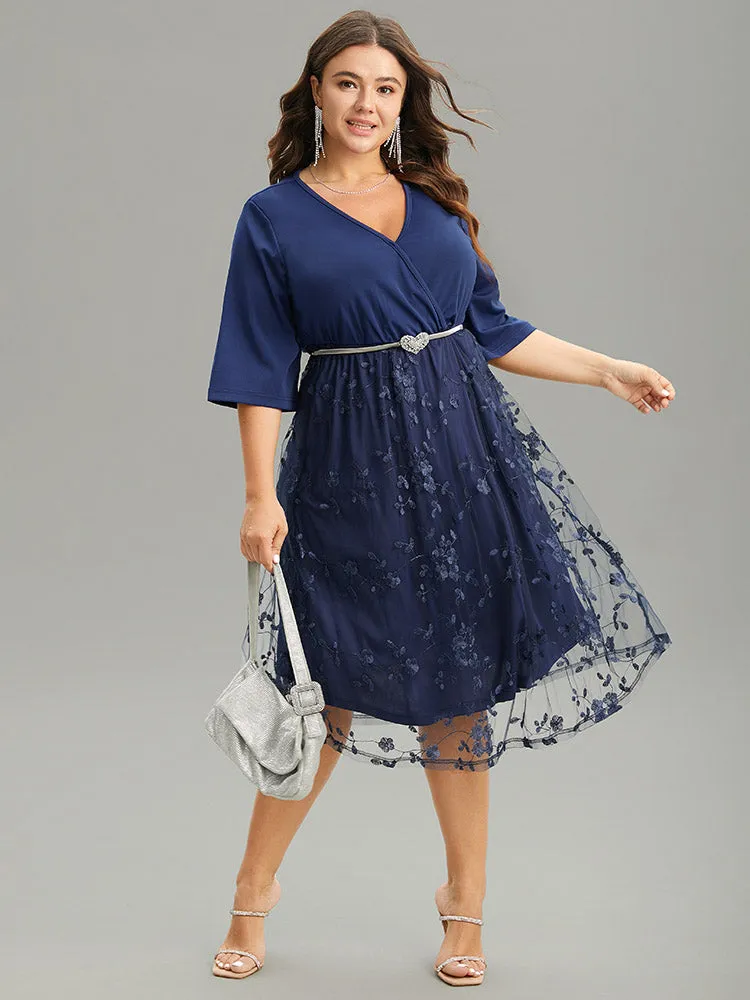 Crochet Lace Mesh Overlap Collar Elastic Waist Dress sold by Bloomchic