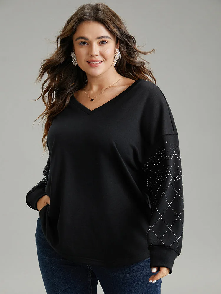 Rhinestone Plain Drop Shoulder Sweatshirt sold by Bloomchic