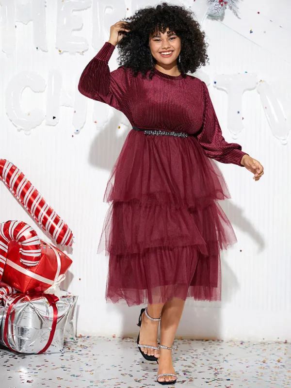 Velvet Patchwork Mesh Layered Hem Dress sold by Bloomchic
